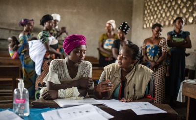 A psycho-social worker meets with women in Kichanga, DRC.