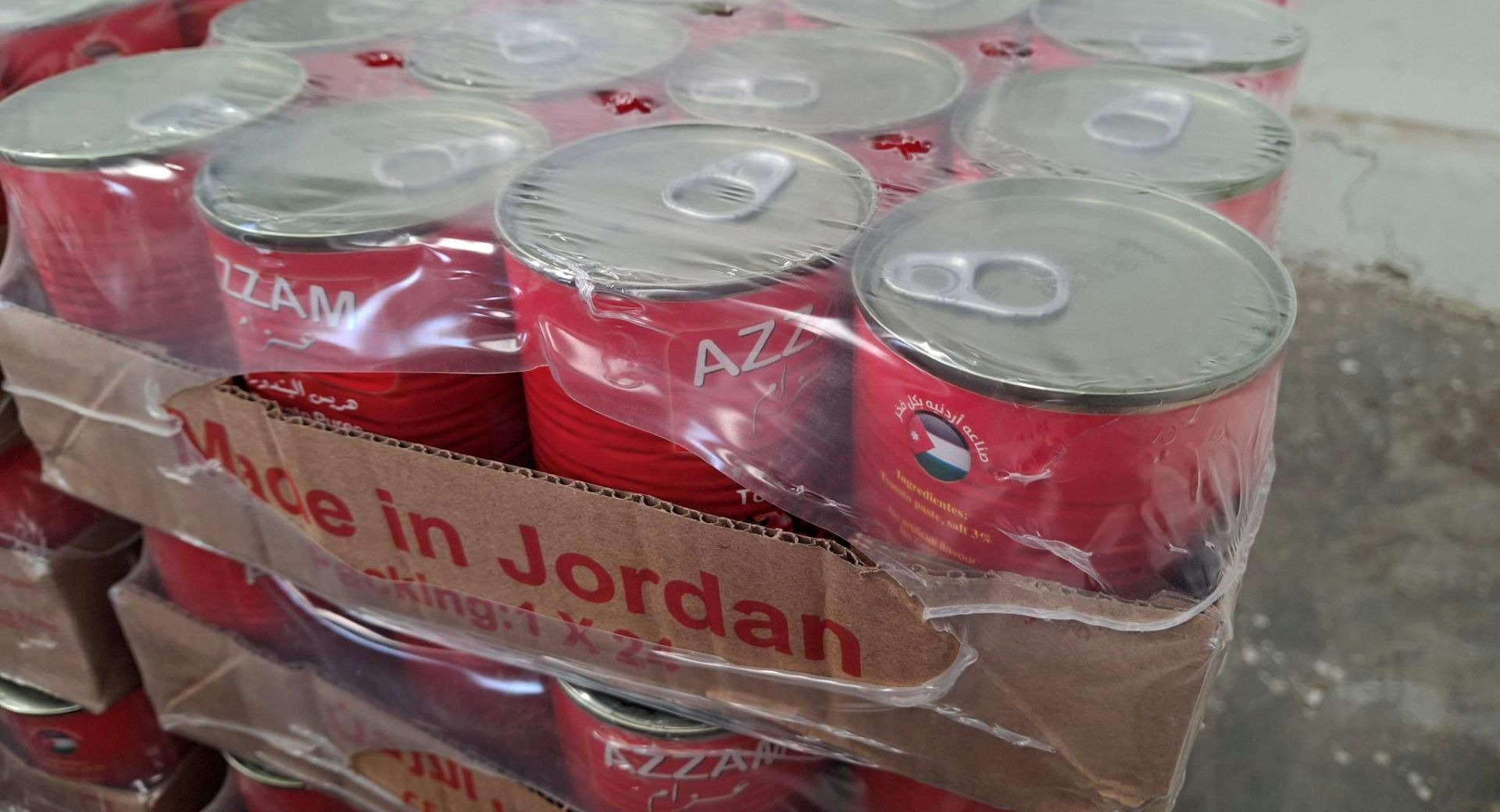 Blocked food parcels for Gaza waiting in Jordan.
