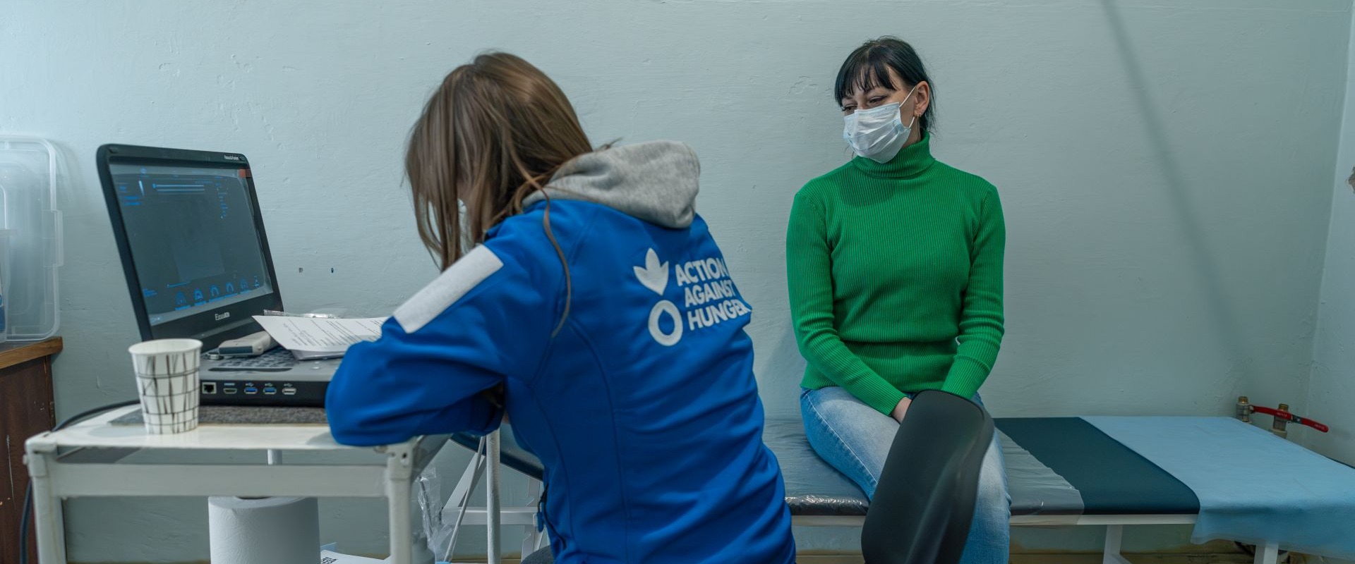 Oksana, 42, local resident of Andriivka on the breast checkup of ACF mobile unit in the local clinic in Andriivka village, Kharkiv region, Ukraine on 8 December 2025