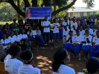 Students gather for a hygiene assembly.