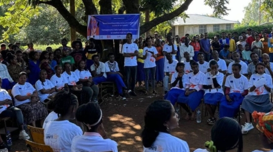 Students gather for a hygiene assembly.